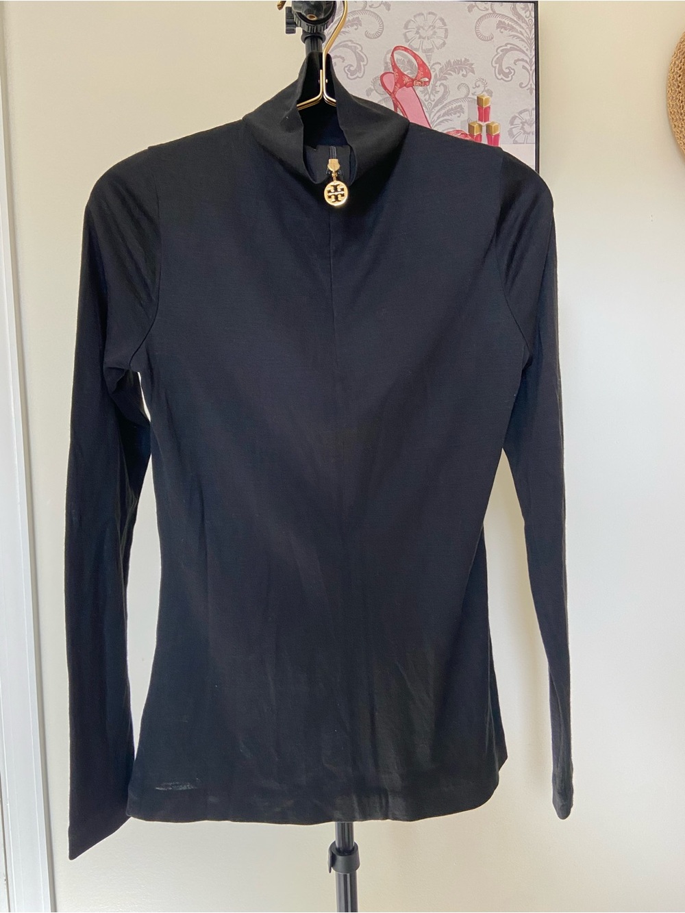 Tory Burch Black Long-Sleeve Mock Neck Top with Logo Charm